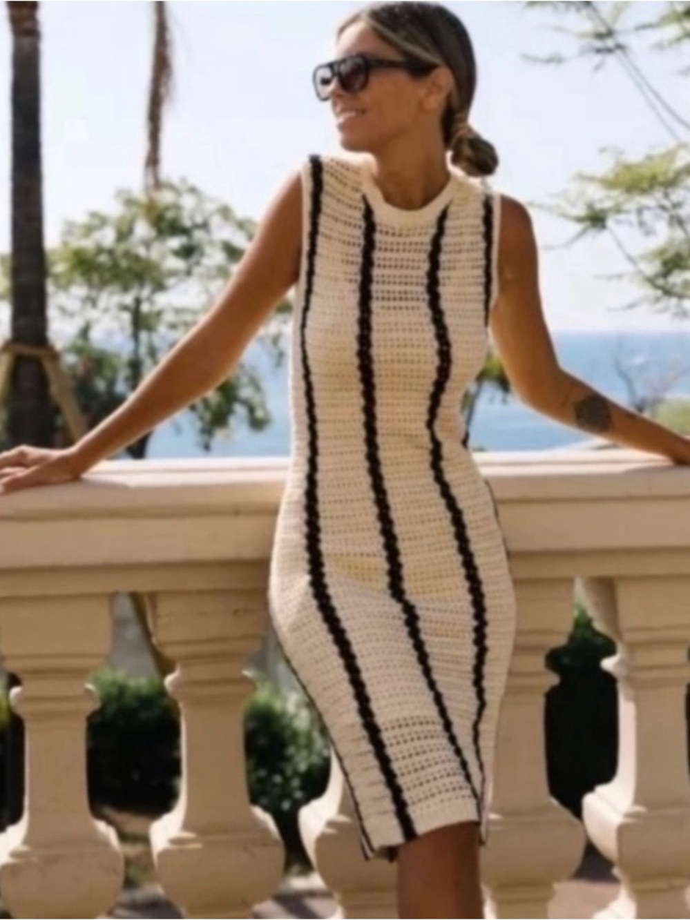 Monrow Crochet Striped Sleeveless Midi Dress XS